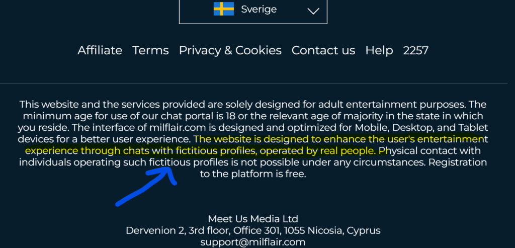 I sidfoten finns ett tydligt meddelande om att det finns falska profiler.